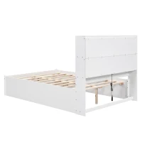 Full Size Platform Bed with Storage Headboard, Charging Station, and 2 Drawers, Solid Wood and MDF, 85" L x 55" W x 48" H, White(m-14)