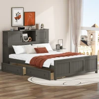 Vinsetto Full Size Platform Bed with Storage Headboard, Sliding Door, 2 Drawers, Solid Wood and MDF, 89" L x 58" W x 42" H, Gray(m-5)
