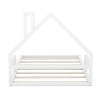 Full Size Wood Floor Bed with House-Shaped Headboard, Sturdy Pine Wood Construction, Easy Assembly, 78" L x 56.5" W x 46.5" H, White(m-10)
