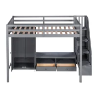 Full Size Loft Bed Frame with Wardrobe, Low Storage Table, Storage Staircase, Solid Wood and MDF, 93.5" L x 56.5" W x 65.5" H, Gray(m-9)