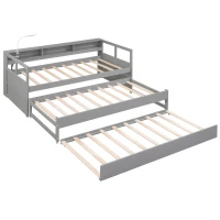 Twin XL Wood Daybed with 2 Trundles, 3 Storage Cubbies, Free Light and USB Charging, 82" L x 129.5" W x 35.5" H, Gray(m-14)