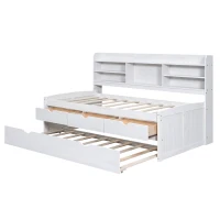 Vinsetto Classic Style Twin Size Wooden Captain Bed with Built-in Bookshelves, 3 Storage Drawers, Trundle, 77.5" L x 88" W x 47" H, White Washed(m-13)