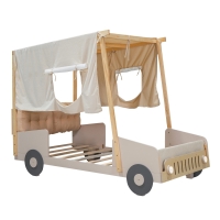 Wood Twin Size Car Bed with Pillow, Ceiling Cloth, LED Lights, and Magazine Holder, 79" L x 42.5" W x 62" H, Natural