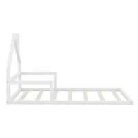 Twin Size Wood Floor Bed with House-Shaped Headboard, Sturdy Wood Construction, No Box Spring Needed, 78" L x 41.5" W x 39" H, White(m-8)