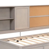 Twin Size Lounge Daybed with Storage Shelves, Cork Board, USB Ports, and 3 Drawers, 78.5" L x 50" W x 51" H, Antique Gray(m-6)