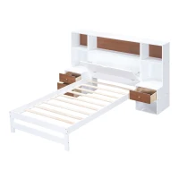 Vinsetto Twin Size Platform Bed with Storage Headboard, Drawers, and Nightstands, Solid Wood and MDF, 87" L x 73.5" W x 45" H, White(m-10)