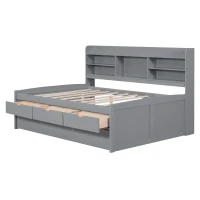 Classic Style Full Size Wooden Captain Bed with Built-in Bookshelves, 3 Storage Drawers, and Trundle, 79" L x 104.5" W x 47" H, Light Gray(m-10)