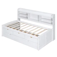 Vinsetto Classic Style Twin Size Wooden Captain Bed with Built-in Bookshelves, 3 Storage Drawers, Trundle, 77.5" L x 88" W x 47" H, White Washed(m-9)