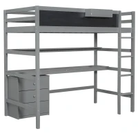 Wood Twin Size Loft Bed with Desk, Blackboard, Storage Box, Shelf, and 3 Drawers, 79" L x 42" W x 69.5" H, Gray(m-12)