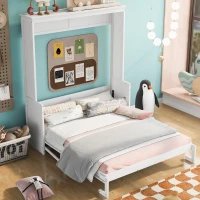 Space-Saving Design Queen Size Murphy Bed with Shelf, Solid Wood and MDF, 86" L x 69.5" W x 87" H, White(m-5)