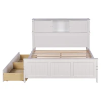 Vinsetto Full Size Platform Bed with Storage Headboard, Sliding Door, and 2 Drawers, Solid Wood and MDF, 89" L x 58" W x 42" H, White(m-7)