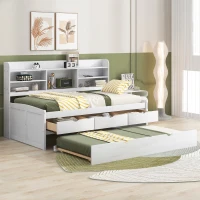 Vinsetto Classic Style Twin Size Wooden Captain Bed with Built-in Bookshelves, 3 Storage Drawers, Trundle, 77.5" L x 88" W x 47" H, White Washed(m-1)