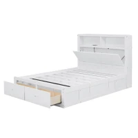 Wood Full Size Hydraulic Platform Bed with Storage LED Headboard, Charging Station, and 2 Drawers, 86" L x 56.5" W x 47" H, White(m-12)