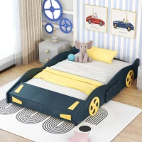 Full Size Race Car-Shaped Platform Bed with Wheels and Storage, Solid Wood and MDF, 90.5" L x 55" W x 15.5" H, Dark Blue(m-5)