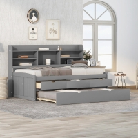 Vinsetto Classic Style Twin Size Wooden Captain Bed with Built-in Bookshelves, 3 Storage Drawers, and Trundle, 77.5" L x 88" W x 47" H, Grey