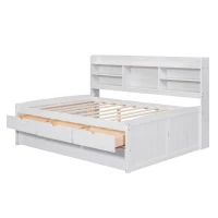 Classic Style Full Size Wooden Captain Bed with Built-in Bookshelves, 3 Storage Drawers, and Trundle, 79" L x 104.5" W x 47" H, White(m-10)