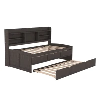 Classic Style Twin Size Wooden Captain Bed with Built-in Bookshelves, 3 Storage Drawers, and Trundle, 77.5" L x 88" W x 47" H, Antique Gray(m-12)