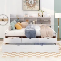 Classic Style Full Size Wooden Captain Bed with Built-in Bookshelves, 3 Storage Drawers, and Trundle, 79" L x 104.5" W x 47" H, White(m-4)