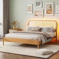 Vinsetto Queen Size Wood Storage Platform Bed with LED Light, Rattan Headboard, No Box Spring Required, 84.5" L x 63" W x 39.5" H, Antique Natural(m-5)