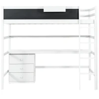Wood Twin Size Loft Bed with Desk, Blackboard, Storage Box, Shelf, and 3 Drawers, 79" L x 42" W x 69.5" H, White(m-2)