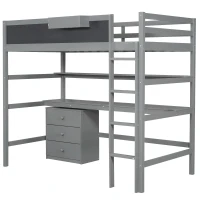 Wood Twin Size Loft Bed with Desk, Blackboard, Storage Box, Shelf, and 3 Drawers, 79" L x 42" W x 69.5" H, Gray(m-10)