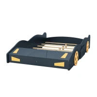 Full Size Race Car-Shaped Platform Bed with Wheels and Storage, Solid Wood and MDF, 90.5" L x 55" W x 15.5" H, Dark Blue(m-11)