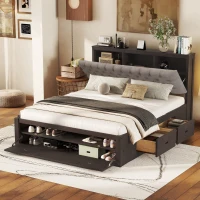 Wood Queen Size Platform Bed with Storage Headboard, Shoe Rack, and 4 Drawers, 90.5" L x 63" W x 43" H, Espresso(m-4)