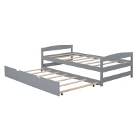 Twin Size Platform Bed with Twin Size Trundle, Headboard and Footboard, Sturdy Pine Wood Construction, 77.5" L x 40.5" W x 22" H, Gray(m-9)