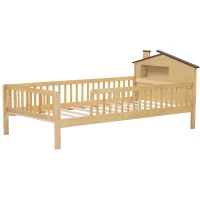 Twin Size Wood Platform Bed with House-Shaped Headboard, LED Light, Built-in Storage, 82" L x 41" W x 36" H, Natural(m-10)