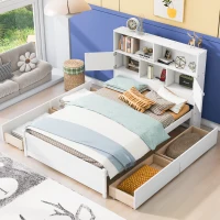 Vinsetto Full Size Platform Bed with Storage Headboard, Charging Station, and 4 Drawers, Solid Wood and MDF, 85" L x 55" W x 48" H, White(m-4)