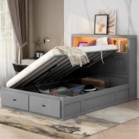 Wood Queen Size Hydraulic Platform Bed with Storage LED Headboard, Charging Station, and 2 Drawers, 90.5" L x 63" W x 47" H, Gray(m-5)