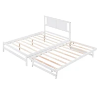 Full Size Platform Bed with Adjustable Trundle, Solid Pine Wood and MDF, 78" L x 97.5" W x 39.5" H, White(m-12)