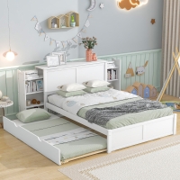Vinsetto Full Size Storage Platform Bed with Pull Out Shelves, Twin Size Trundle, Solid Wood and MDF, 98" L x 89" W x 39.5" H, White
