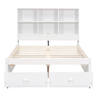 Full Size Platform Bed with Storage Headboard, Charging Station, and 2 Drawers, Solid Wood and MDF, 85" L x 55" W x 48" H, White(m-11)