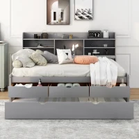Classic Style Full Size Wooden Captain Bed with Built-in Bookshelves, 3 Storage Drawers, and Trundle, 79" L x 104.5" W x 47" H, Light Gray(m-4)