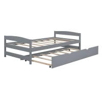 Twin Size Platform Bed with Twin Size Trundle, Headboard and Footboard, Sturdy Pine Wood Construction, 77.5" L x 40.5" W x 22" H, Gray(m-8)