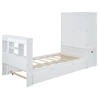 Vinsetto Twin Size Platform Bed with Storage Headboard, Footboard, Pull Out Shelves, and Twin Size Trundle, 101" L x 41.5" W x 65.5" H, White(m-13)