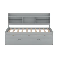 Classic Style Twin Size Wooden Captain Bed with Built-in Bookshelves, 3 Storage Drawers, and Trundle, 77.5" L x 88" W x 47" H, Gray(m-2)