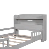 Wood Twin Size Platform Bed with Built-in LED Light, Storage Headboard, Guardrail, and Sturdy Construction, 87" L x 43" W x 31" H, Antique Gray(m-7)