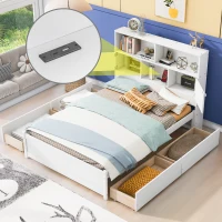 Vinsetto Full Size Platform Bed with Storage Headboard, Charging Station, and 4 Drawers, Solid Wood and MDF, 85" L x 55" W x 48" H, White(m-6)