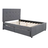 Vinsetto Full Size Linen Upholstered Platform Bed with Headboard and 2 Drawers, Solid Wood Frame, Built-in Slats, 79" L x 58" W x 47" H, Gray(m-2)