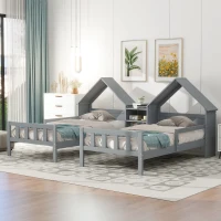Double Twin Size Platform Bed with House-Shaped Headboard, Built-in Nightstand, Solid Wood Construction, 99.5" L x 78" W x 48" H, Gray(m-5)