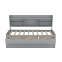 Classic Style Twin Size Wooden Captain Bed with Built-in Bookshelves, 3 Storage Drawers, and Trundle, 77.5" L x 88" W x 47" H, Gray(m-6)