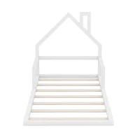 Twin Size Wood Floor Bed with House-Shaped Headboard, Sturdy Wood Construction, No Box Spring Needed, 78" L x 41.5" W x 39" H, White(m-6)