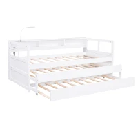 Twin XL Wood Daybed with 2 Trundles, 3 Storage Cubbies, USB Charging Design, and Free Light, 82" L x 129.5" W x 35.5" H, White(m-15)