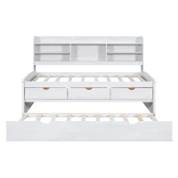 Vinsetto Classic Style Twin Size Wooden Captain Bed with Built-in Bookshelves, 3 Storage Drawers, Trundle, 77.5" L x 88" W x 47" H, White Washed(m-8)