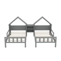 Double Twin Size Platform Bed with House-Shaped Headboard, Built-in Nightstand, Solid Wood Construction, 99.5" L x 78" W x 48" H, Gray(m-9)