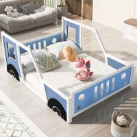 Full Size Classic Car-Shaped Platform Bed with Wheels, Pine Wood Frame, Easy Assembly, 77.5" L x 57" W x 32" H, Blue(m-4)