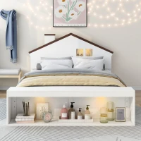 Full Size House Platform Bed with LED Lights, Multi-Storage, and Sturdy Pine Wood Construction, 87.5" L x 58.5" W x 39.5" H, White(m-1)