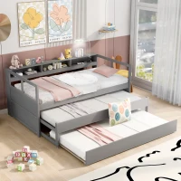 Twin XL Wood Daybed with 2 Trundles, 3 Storage Cubbies, Free Light and USB Charging, 82" L x 129.5" W x 35.5" H, Gray(m-1)